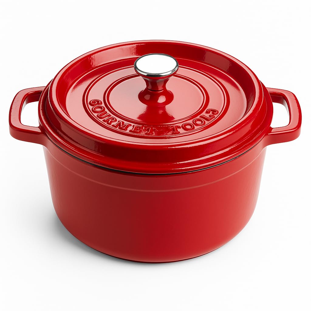 XSQUO OGT-2R22R, Useful Tech Pentola in ferro pressofuso rotonda con rivestimento ceramico vetrificato Cocotte con coperchio, Gourmet Tools (Rosso, 22 cm)