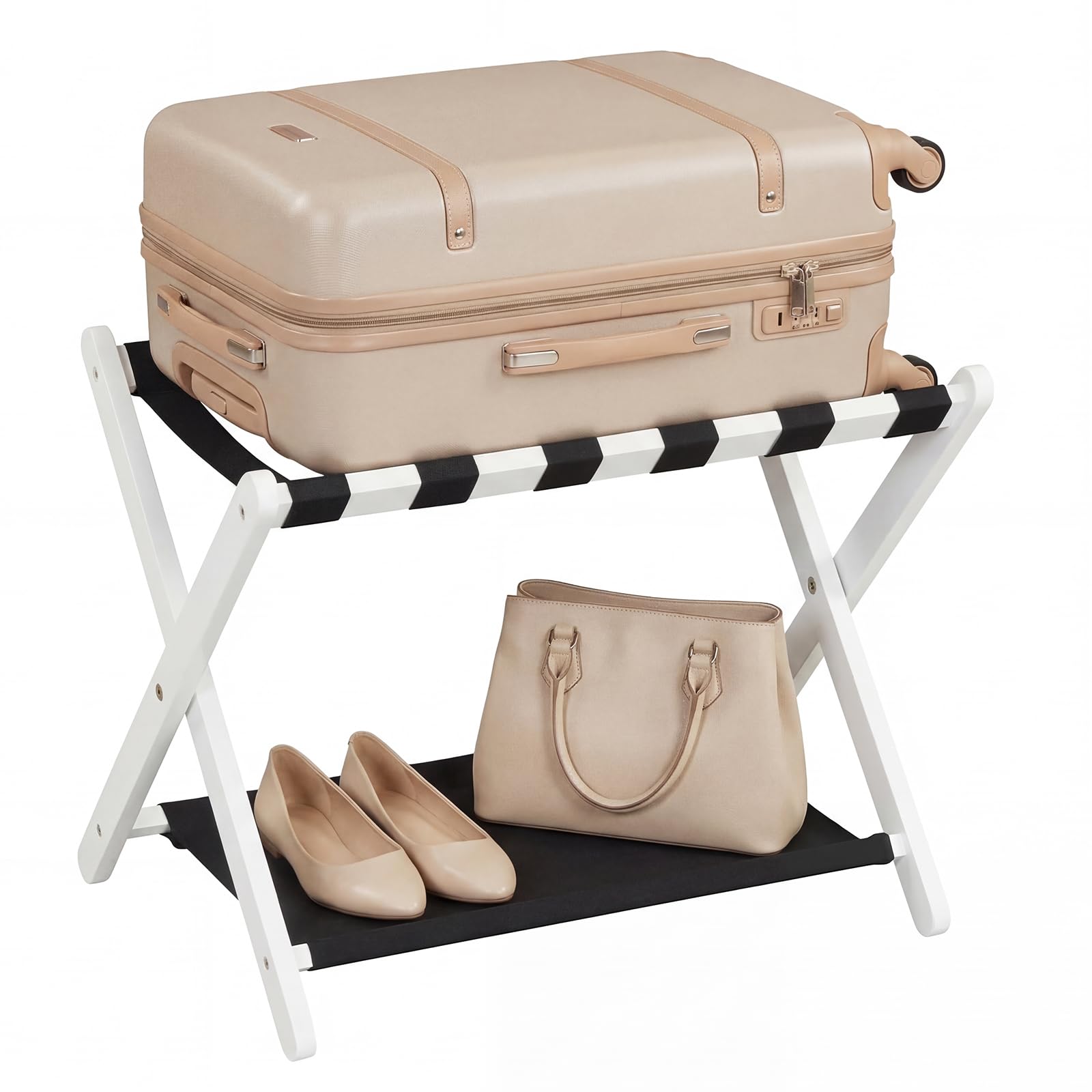 COSTWAY Portavaligie Pieghevole, Porta Valigie con Struttura in Legno Massello, Portapacchi a 2 Ripiani per Hotel e Viaggio, Portata 60 kg (1 pz,Bianco)