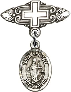 Sterling Silver Baby Badge with St. Clement Charm and Badge Pin with Cross 1 X 3/4 inches