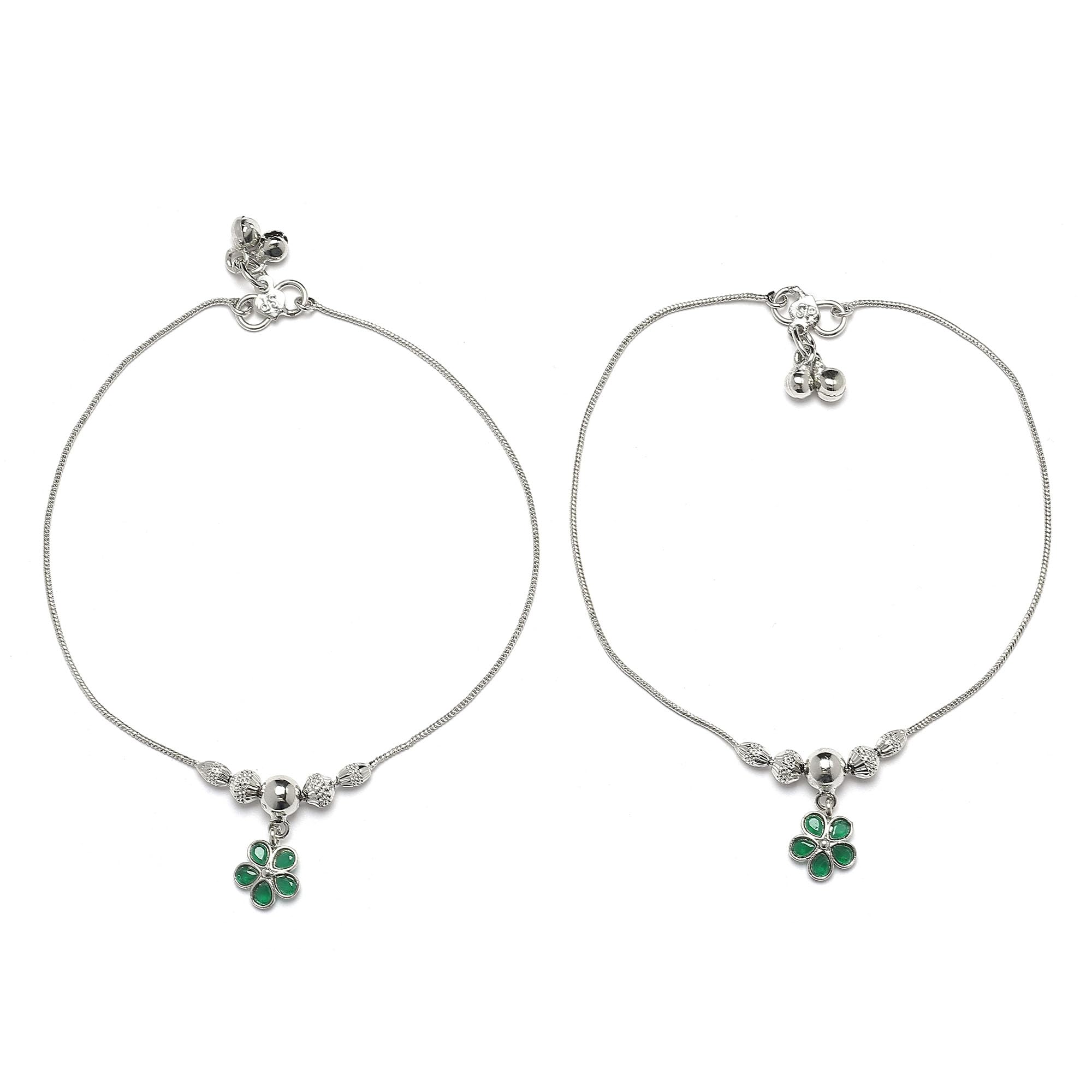 zeneme Set Of 2 Rhodium-Plated American Diamond Studded Floral Charm Anklets For Girls and Women-picture-23