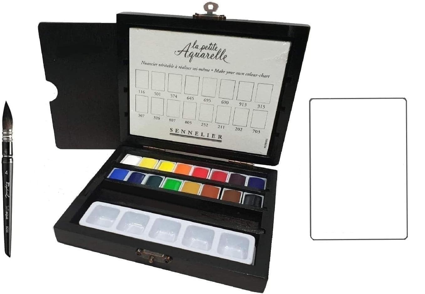 Caja de pinturas de acuarela Sennelier 16 medias bandejas Caja de madera + Pincel Raphael SERIE 8056 N ° 4
