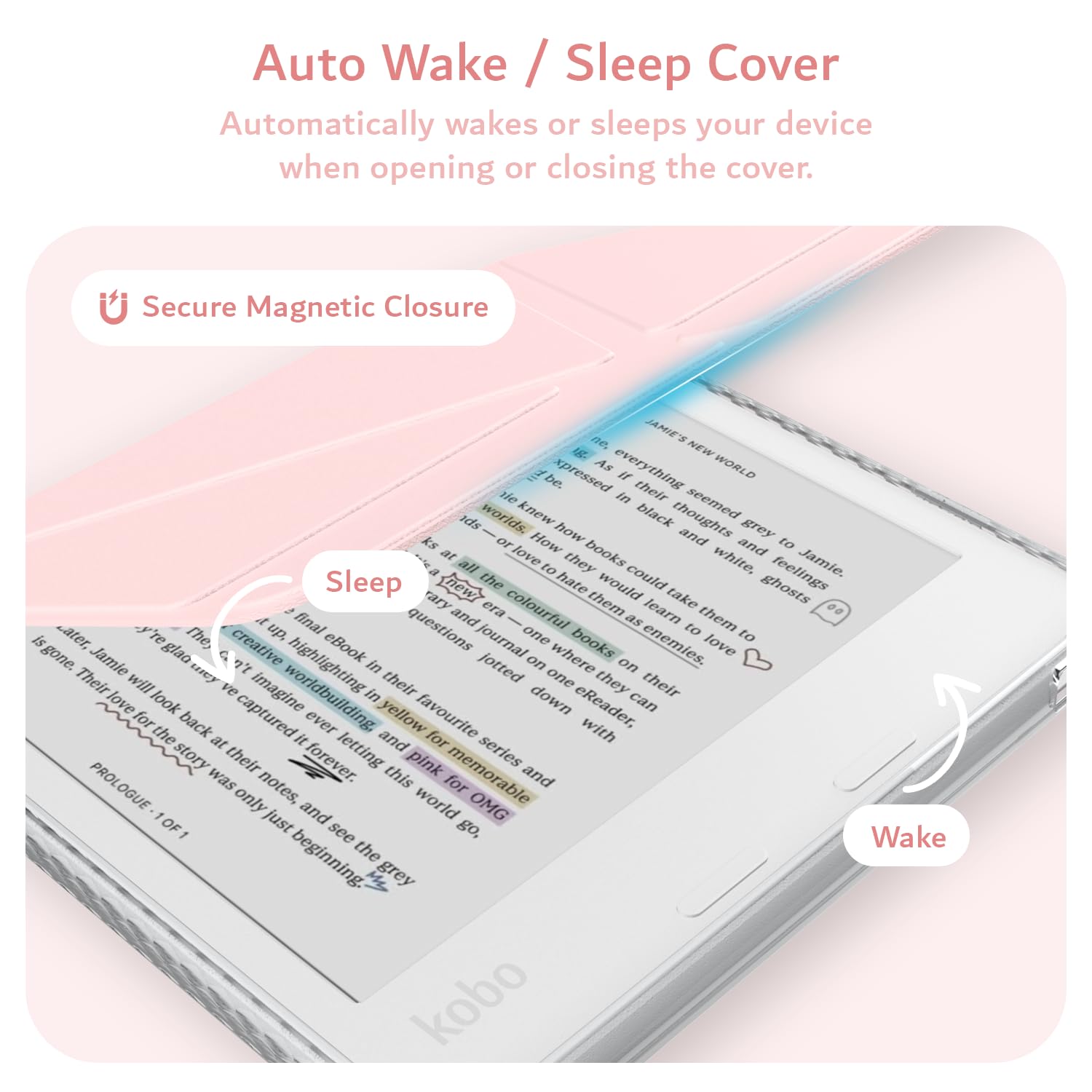 TUDIA M-FLIP Detachable Clear Magnetic Case for Kobo Libra Colour (2024) - [Auto Wake/Sleep] Shockproof Slim Transparent Back Magnetic Fold Cover with Stylus Holder (Pink) - 5