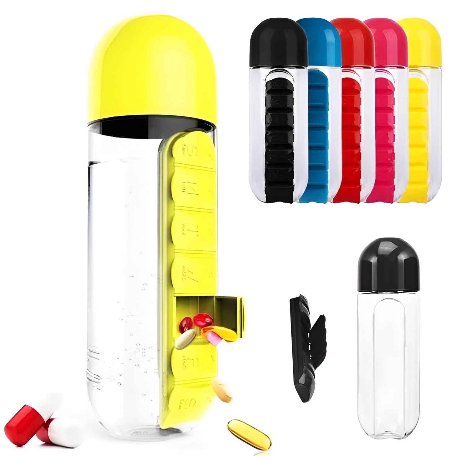 Pill Organizer Bottle for Vitamins & Medicine – Dual-Function Design with Hydration & Weekly Pill Storage – Ultra-Portable & Ideal for Home, Office & Travel [[ 1Pcs, Multi ]]