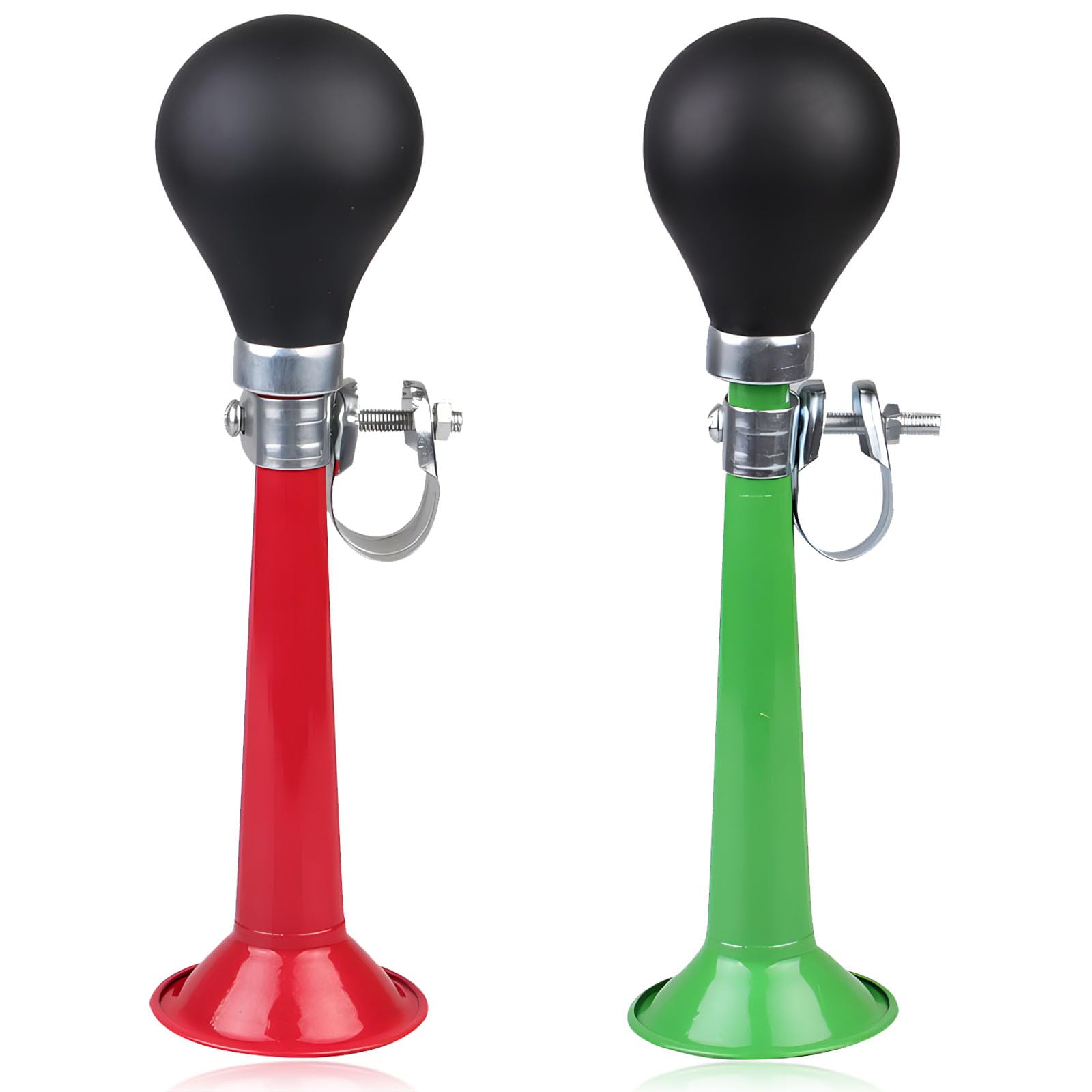 Mein HERZ 2 campanelli per bicicletta, corno in metallo cromato, 20 cm, suono di tromba (verde + rosso)