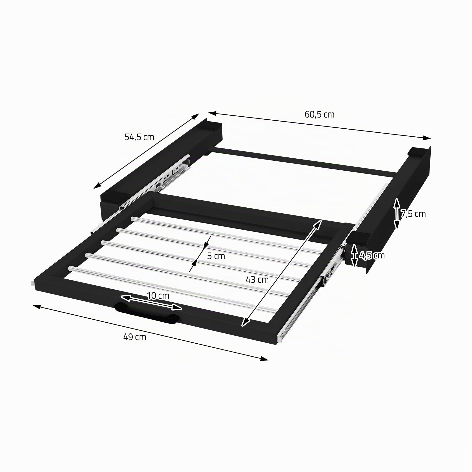 ML-Design Telaio Intermedio Ripiano Estraibile in Acciaio 60,5 x 54,5 cm Nero per Lavatrice/Asciugatrice Piano Estensibile per Cesto Bucato Kit di Sovrapposizione Universale con Stendibiancheria