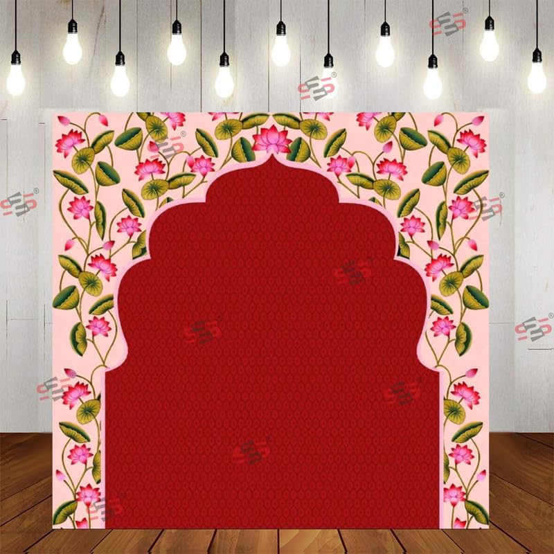 S2S Arch Pink Rose Backdrop Cloth for Pooja Decoration Traditional, Background Decoration Cloth | Curtain Cloth for Festival, Functions & Ceremonies - (5 x 5 Feet) (Arch RED)