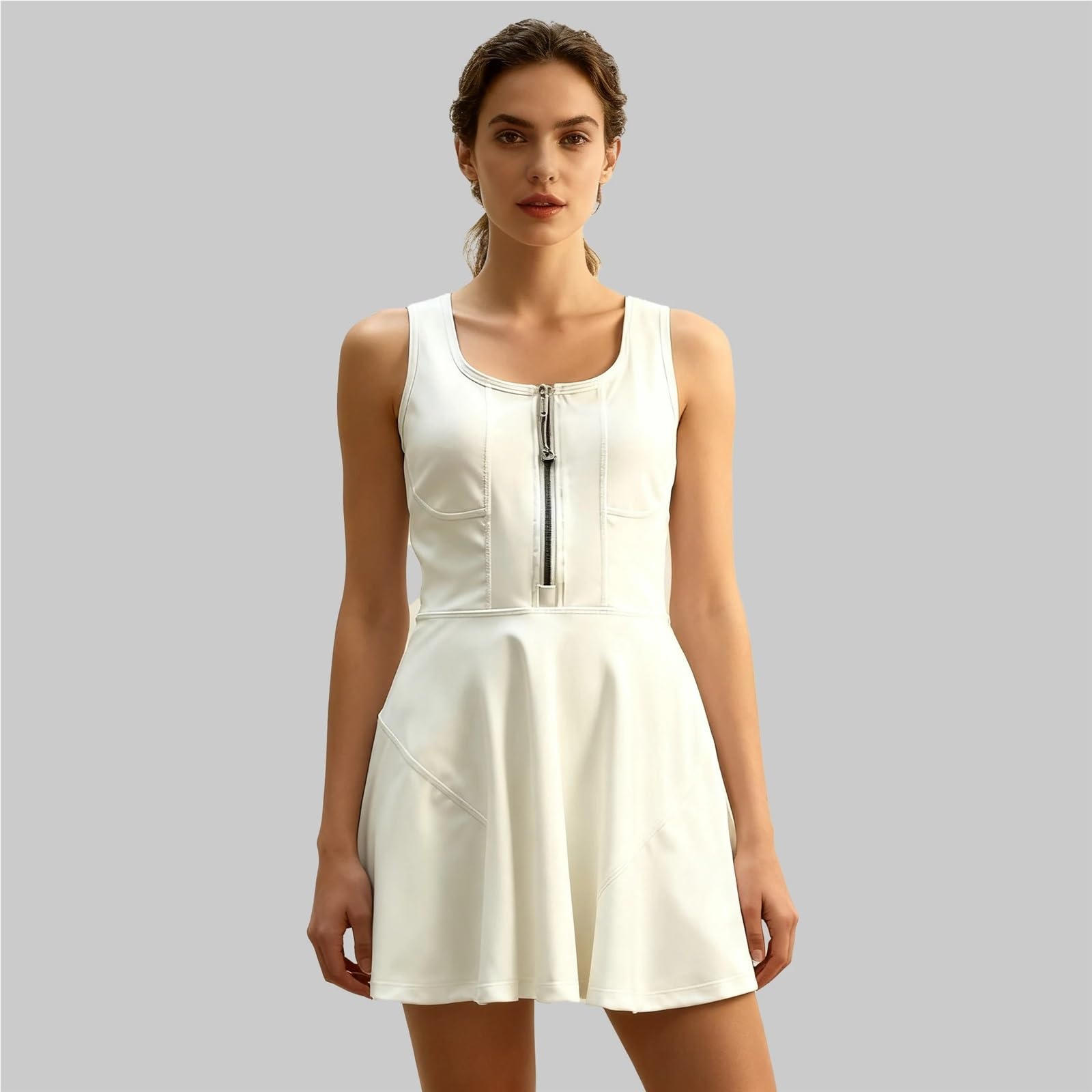 Vestido Tenis Mujer sin Mangas con Cremallera Frontal, Blanco, XL