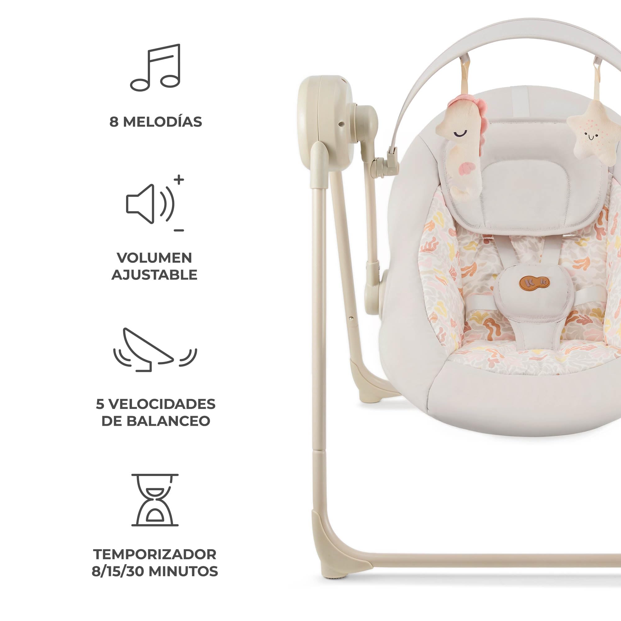 Kinderkraft SWINGEE - Balancín eléctrico para bebé con función oscilante, temporizador integrado, respaldo ajustable, 8 melodías de tranquilidad integradas, ligero y plegable, color beige