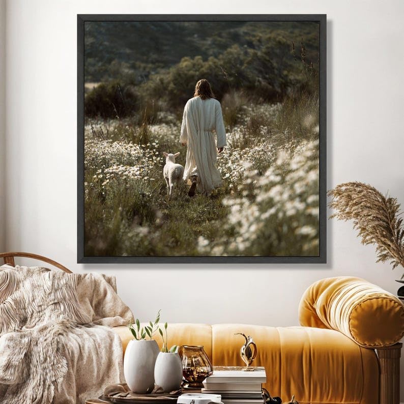 Peinture Jésus marchant avec l'agneau toile paysage pastoral tableau mural