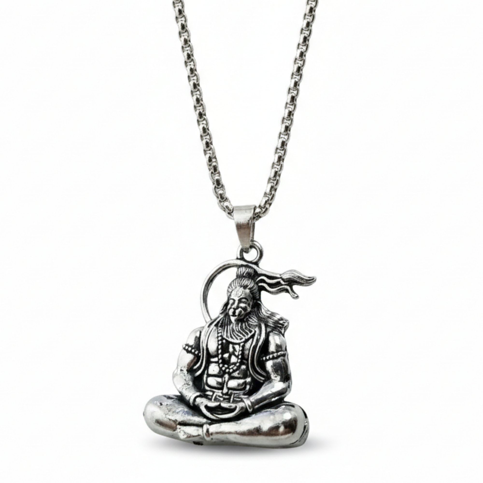Stainless Steel Meditating Hanuman Ji Pendant with Chain for Men | Lord Bajrangbali Idol Locket | Religious Spiritual Jewelry for Strength & Protection | Silver Finish-image-23