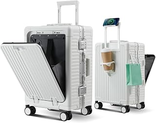 Carry on Luggage Aluminium Frame with Cup Holder,Top opening Suitcases and USB Charging Port,Lightweight with Front Pocket Rolling Suitcases with Spinner Wheels (White, 20Inch)