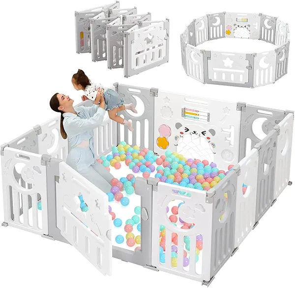 Baby Playpen, Dripex Baby Playard for Babies and Toddlers, 14-Panel Foldable Playpen Adjustable Portable Play Area, Indoor/Outdoor Kids Active Center with Game Panel & Safety Gate, Grey White