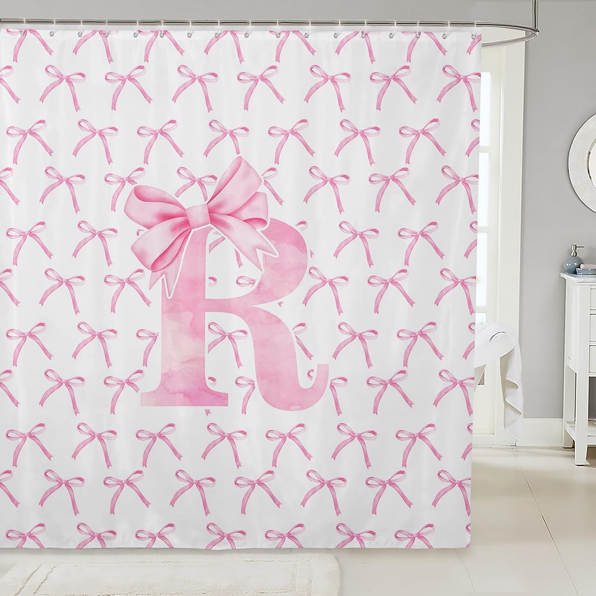 Manfei Cartoon Bowknot Kids Shower Curtains,Pink Bow Tie Letter V Knot Princess Girls Women Bathroom Curtains,Watercolor Bow Patchwork Pink White Waterproof Curtains,12 Hooks Suits,72" W x 78" L