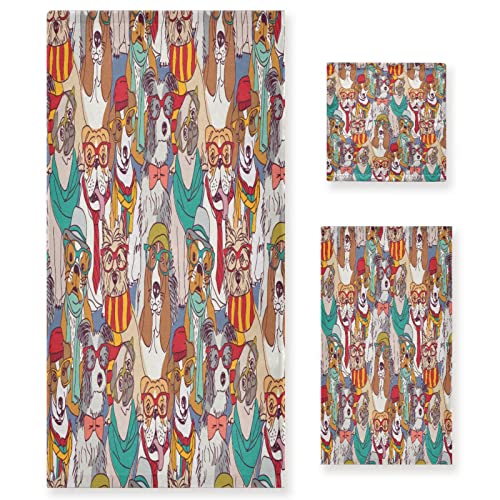 Quteprint Juego de 3 toallas de baño con diseño de animales para perros, toallas absorbentes, 1 toalla de baño + 1 toalla de mano + 1 toallita para la cara, juego de 3 toallas multiusos súper suaves