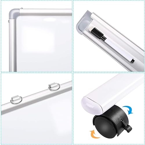 Miniatura 6 de Pizarra blanca móvil de 48 x 36 pulgadas, pizarra magnética de borrado en seco de doble cara, soporte rodante grande portátil sobre ruedas, oficina,