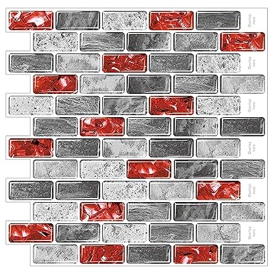WalDecoo Marble Peel and Stick Backsplash for Kitchen, 10-Sheet Stick on Backsplash for Bathroom, Large Self-Adhesive Kitchen Backsplash, Red Marble Look Decorative Tiles?12"×12"?