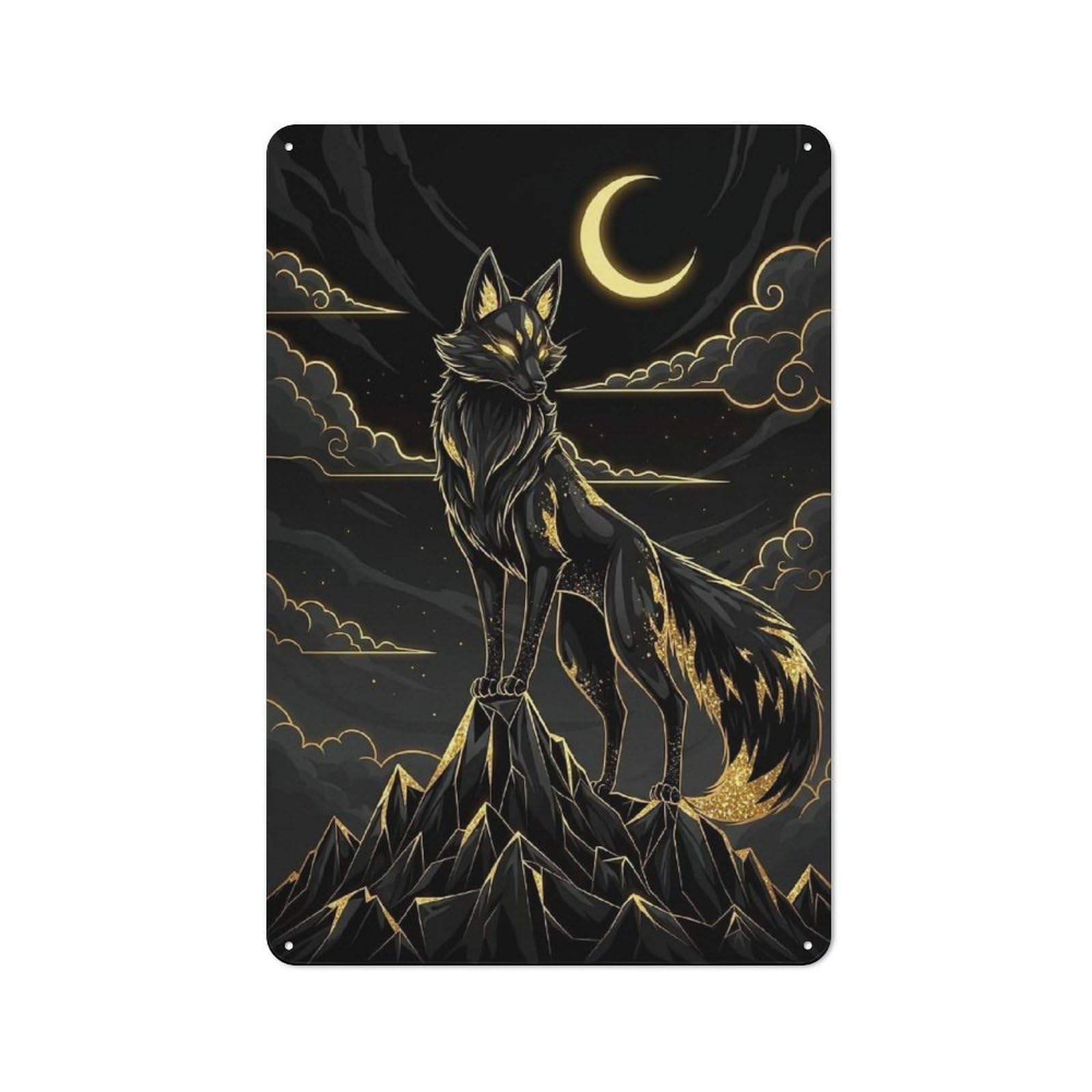 Junmoney Style-4 Golden Kitsune Under A Crescent Moon Retro Metal Sign 30X20cm, Distressed Look Retro Room Decor For Living Room, Hallway, Kitchen Or Cafe