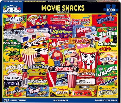 Rompecabezas White Mountain de 1000 piezas: Palomitas y dulces de cine, bocadillos para películas | Piezas grandes, regalo para adultos y familia, 24" x 30", collage miniatura 1
