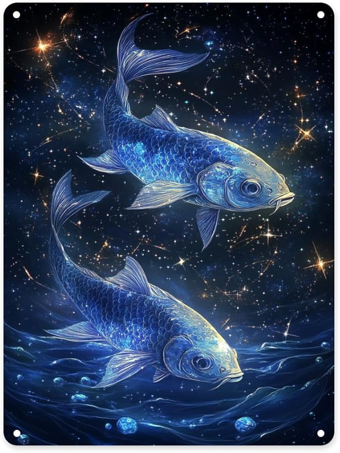 Pisces Metal tin sign,starry scales & cosmic waves, unique home wall art decor for astrology fans,Easy-to-hang aluminum plaque poster,Ideal for zodiac enthusiasts 12x16 inch