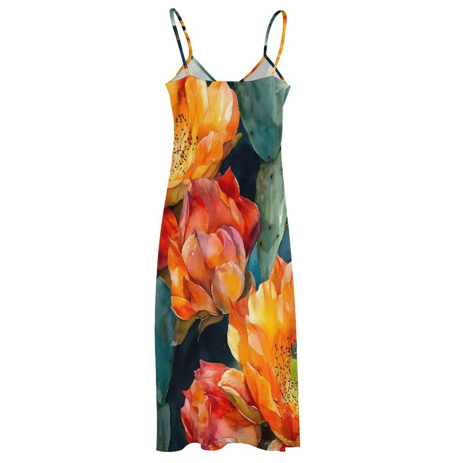 Vestido largo casual con estampado de flores de cactus naranja para mujer, con tirantes delgados ajustables, vestido de playa