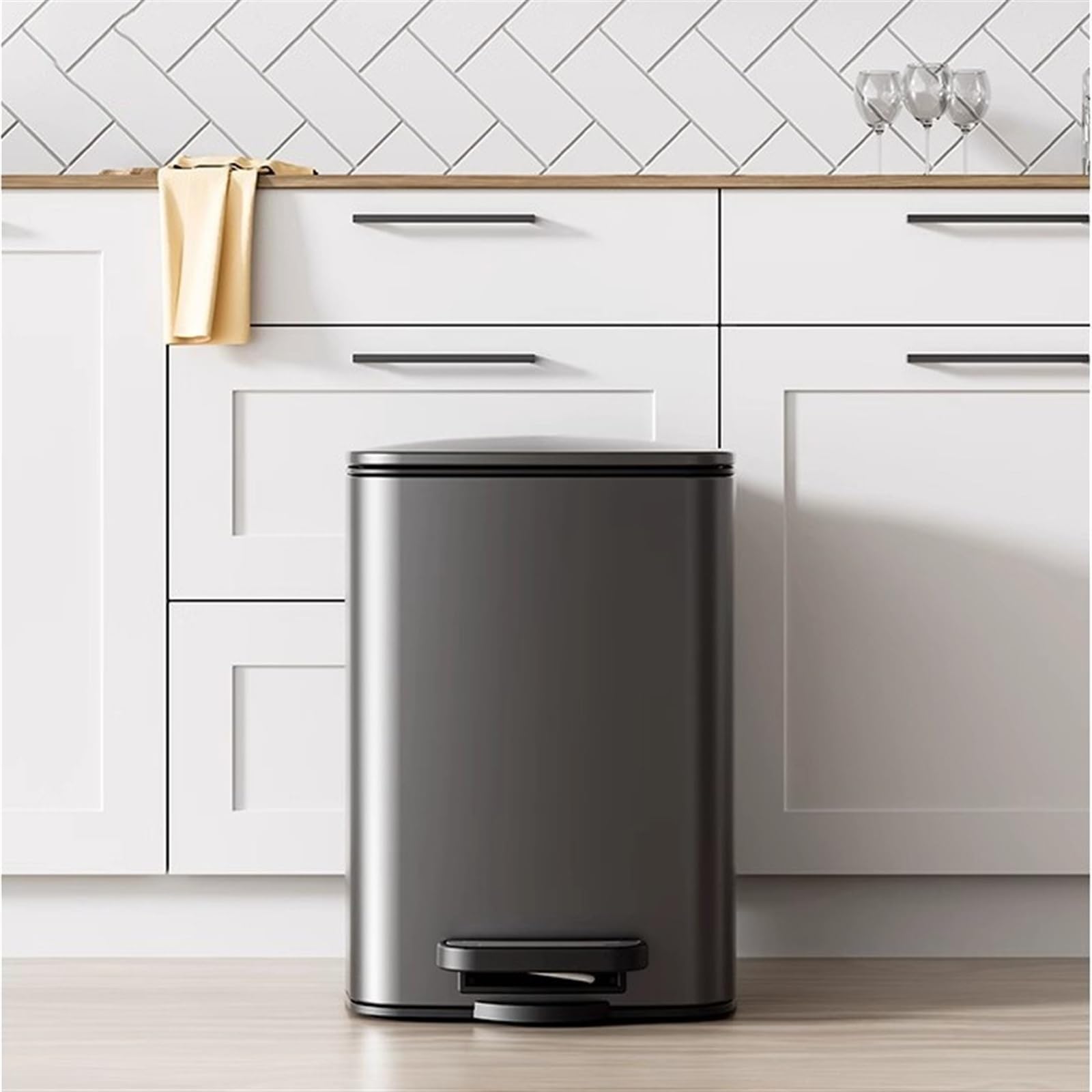 Müll- und Papierkorb Freihändiger quadratischer Mülleimer, verdickter Edelstahl-Treppenmülleimer mit Inneneimer und Soft-Close-Deckel for Küche, Bad, Wohnzimmer Küchenmülleimer(Schwarz,15L)