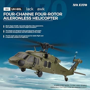 WL K170 Black Hawk UH-60L RC Helicopter for Adults Beginners, 2.4G 4CH Flybarless Remote Control Helicopter with Adjustable Left and Right Hand Throttle (RTF Version)