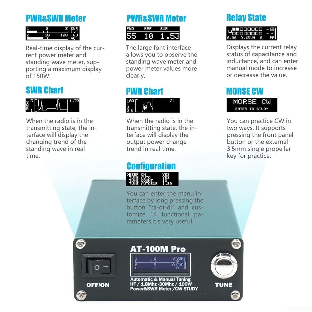AT-100M Pro - Sintonizador de antena profesional, 100 W, 1.8 MHz-30 MHz, ATU-100M QRP, sintonizador de antena portátil, medidor de onda estacionaria con código morse para radio HF, duradero