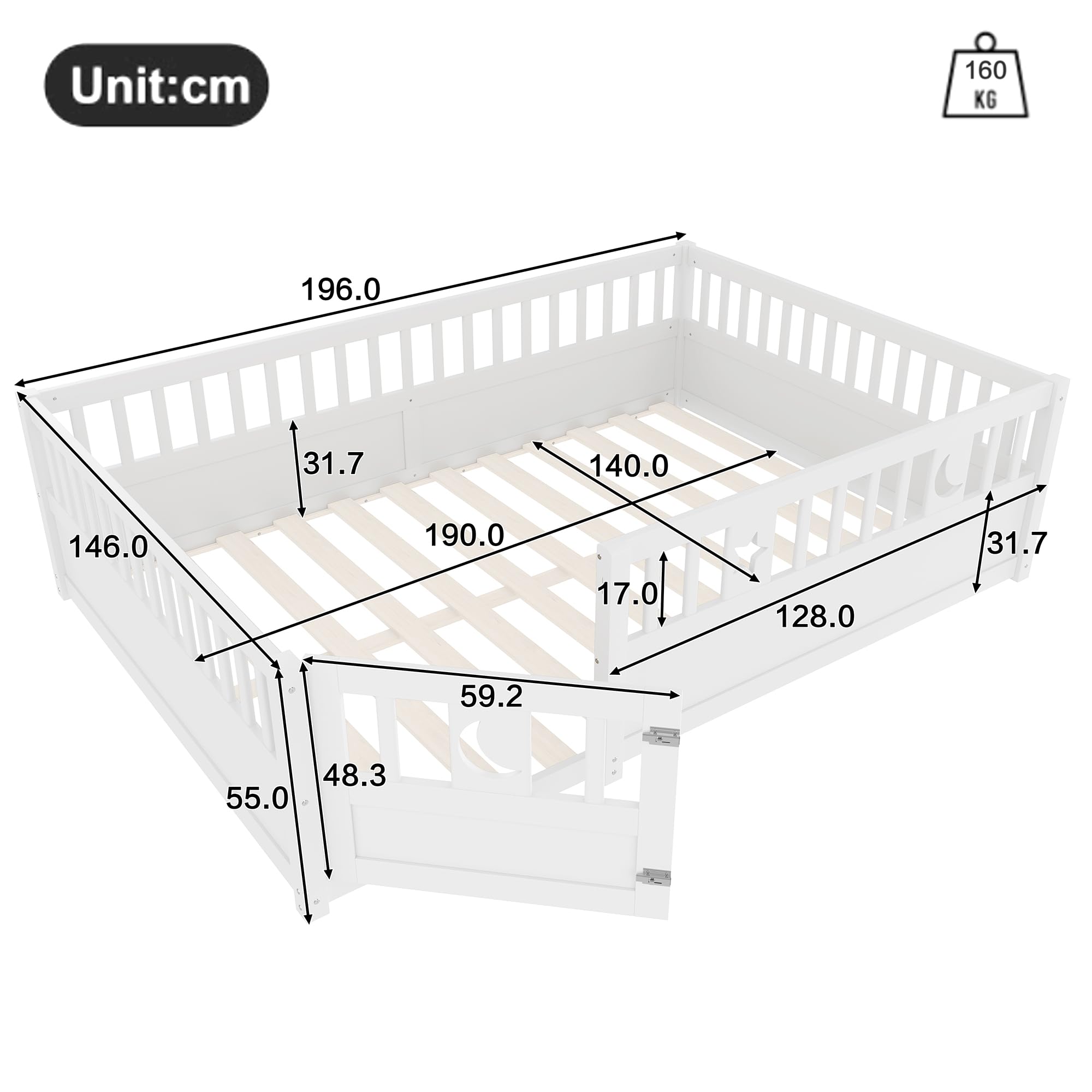 Letto per Bambini 140 x 190 con Ringhiera, Montessori Letto a Terra Bambino con Rete a Doghe, decorazione a Stella e Luna, Struttura letto in Legno di pino(Senza Materasso)
