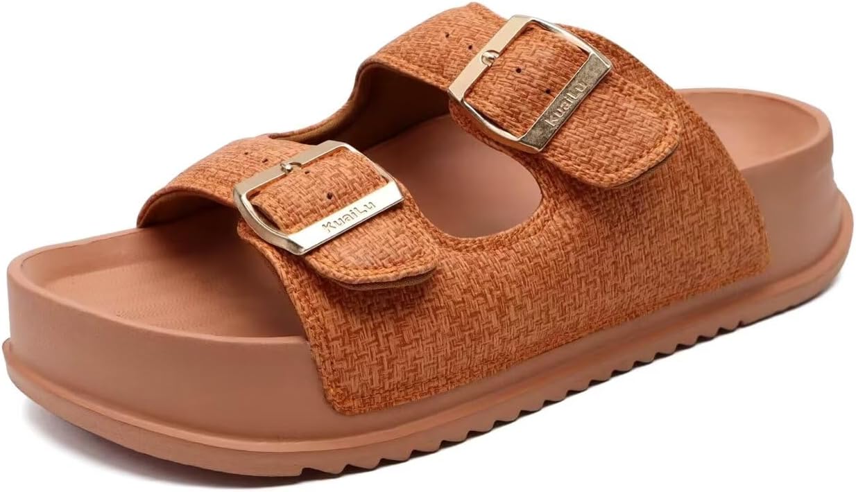 KuaiLu Womens Sandals with Arch Support Comfortable Orthopedic Cushion Recovery Slides Summer Fashion Leather Double Buckle Casual Slip On Plantar Fasciitis Shoes for Indoor&Outdoor (US Size 6-12)