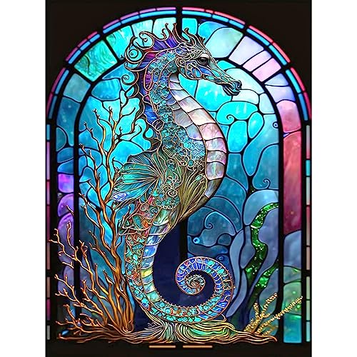 Stalente Diamond Painting Kits for Adults, Seahorse 5D Diamond Art Kits for Beginners Round Full Drill Diamond Painting for Home Wall Decoration Gift 12×16inch, Marine Life