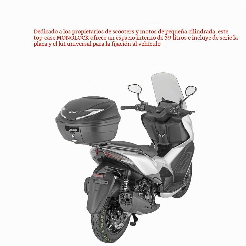 Compatible con Yamaha X-MAX 125 BAÚL Top Case B360NT2 Tech Maleta DE 39 litros+Kit DE FIJACIÓN AL PORTAEQUIPAJES Trasero DE Motocicleta TOPCASE+Placa para 2 Cascos