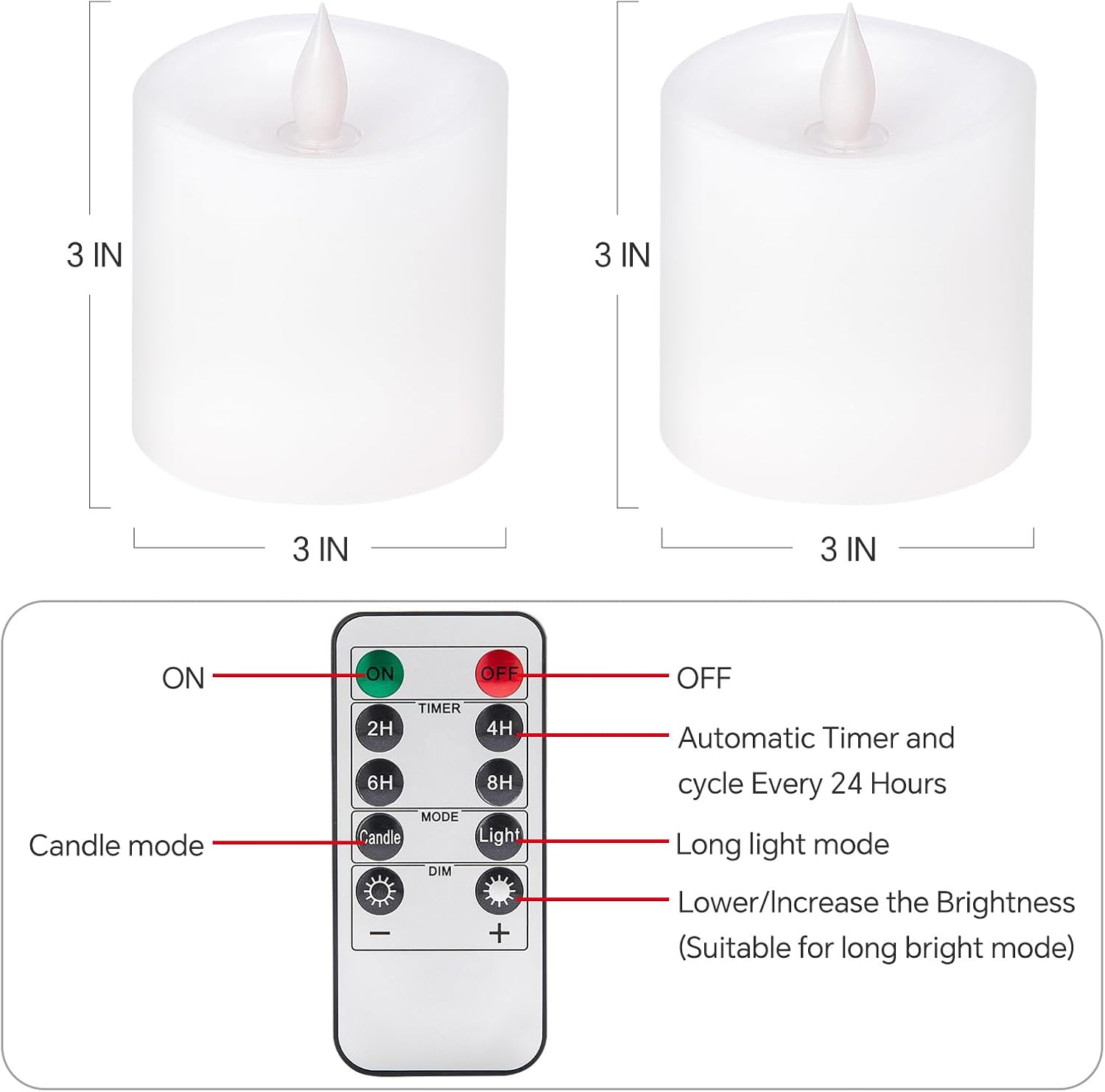 3x3 Flameless Candles Battery Operated with Remote Timer, Last 600 Hours Battery Candles Flickering, White Real Wax Electric LED Candle for Wedding Party, Set of 2