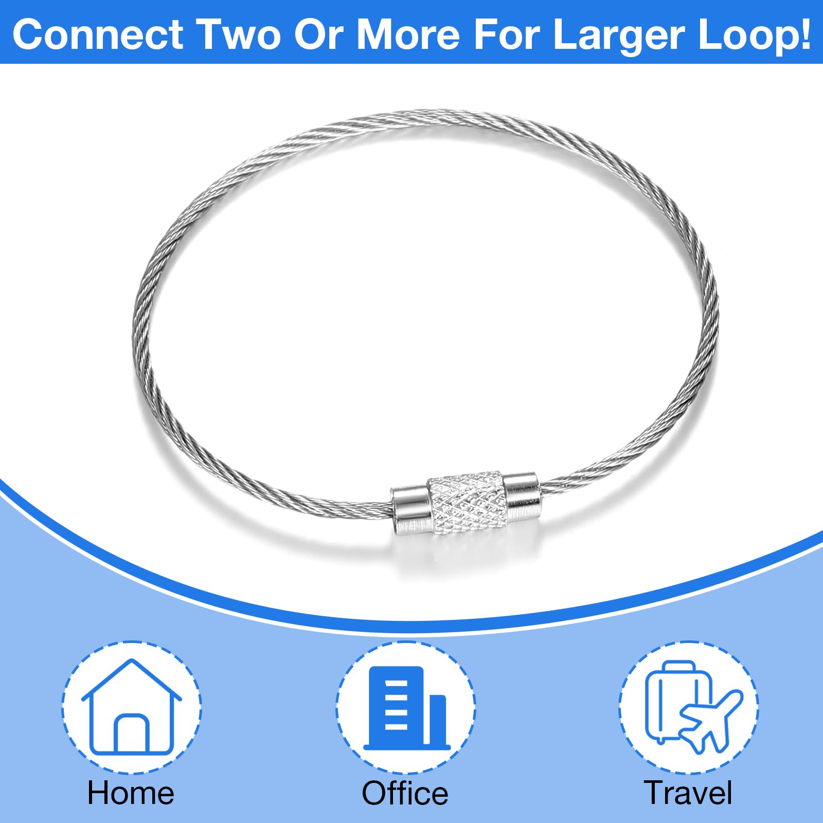 Hotop Filo portachiavi cavo 10,2 cm filo di acciaio inossidabile portachiavi cavo intrecciato in acciaio sfuso per etichette bagagli loop tag, Argento, about 0.06 x 4.33 inches