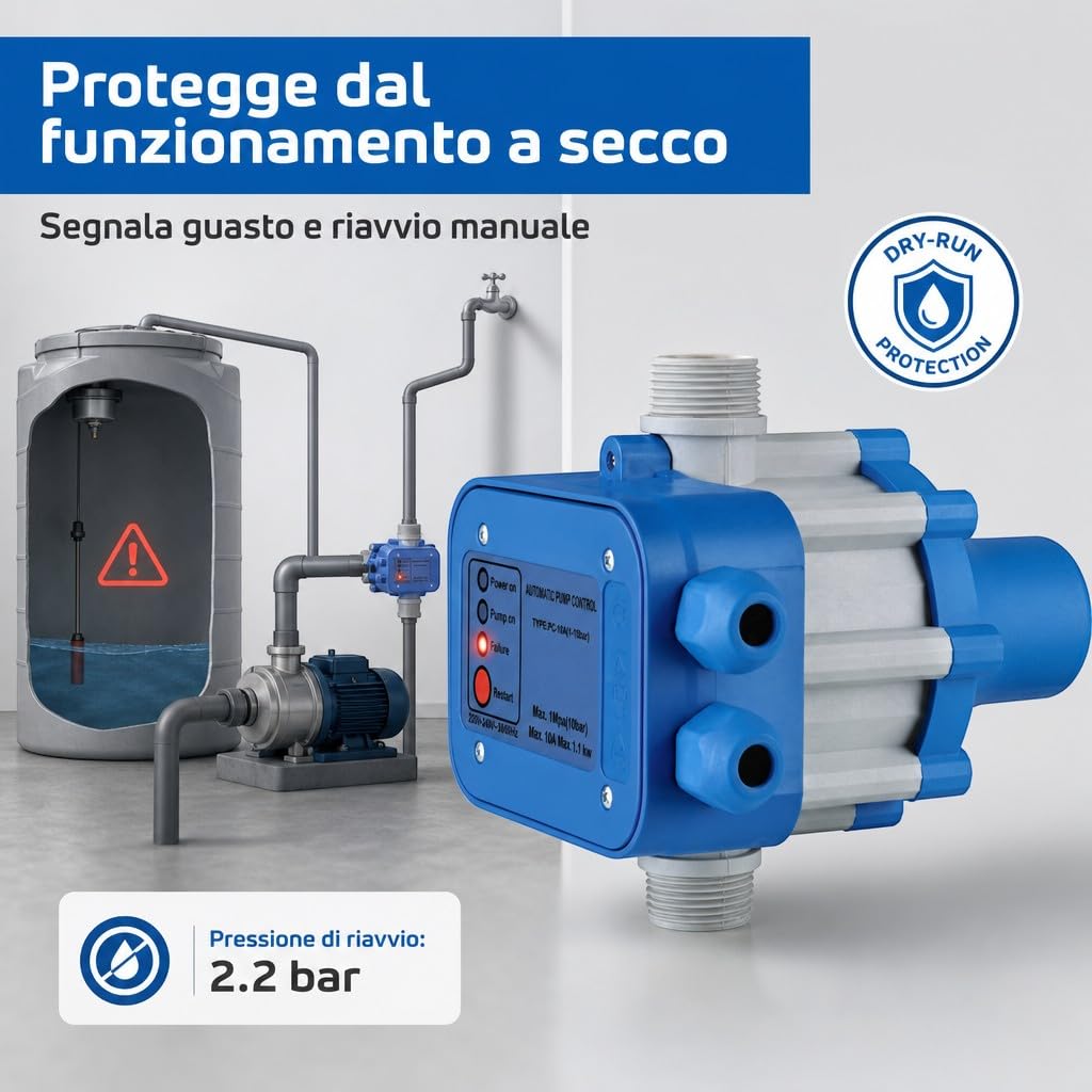 HM | Presscontrol regolatore di pressione per elettropompa, 2,2 bar, attacco 1" | Controllo elettronico automatico, protezione da funzionamento a secco, per sistemi idrici domestici