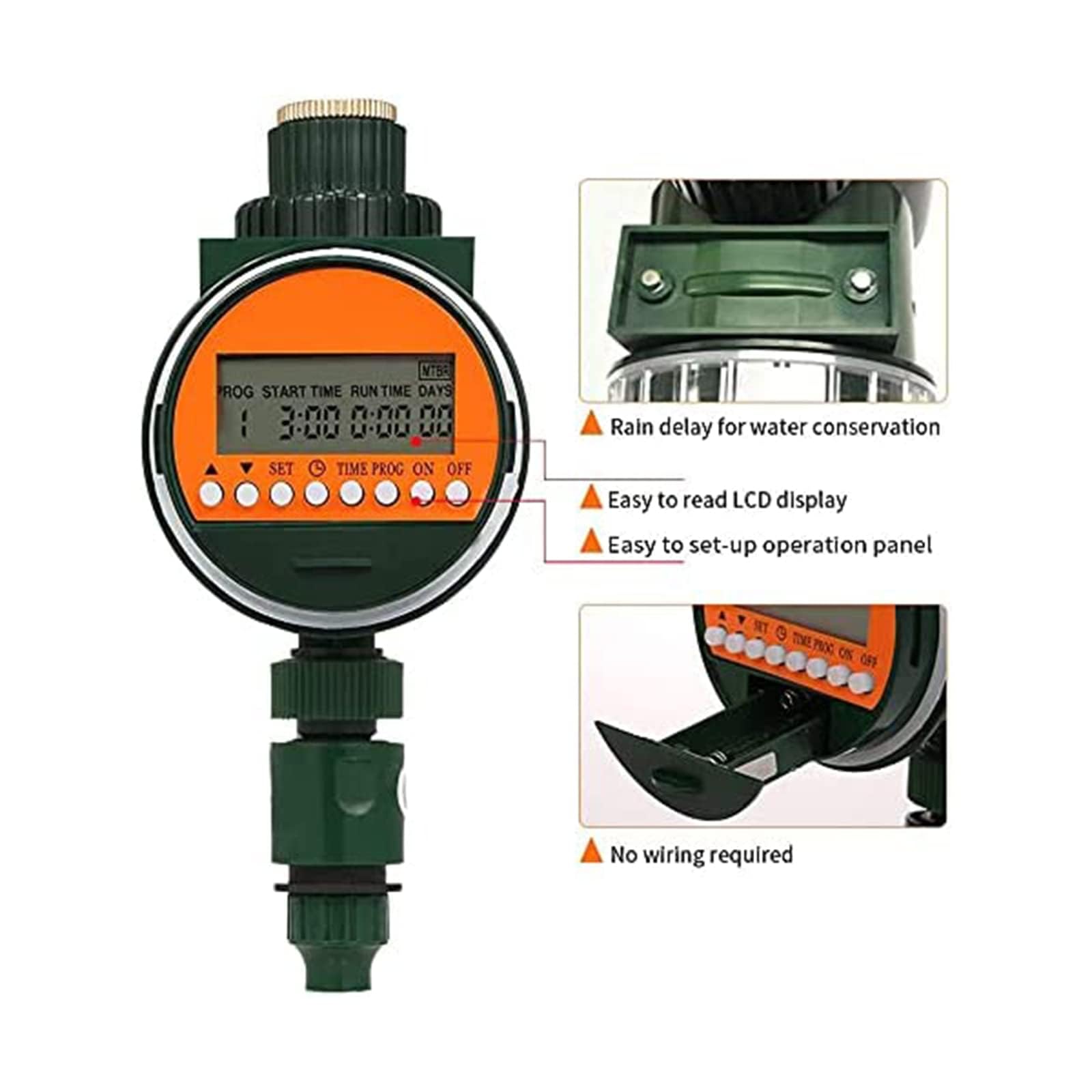 Misuratore di portata d'acqua con sensore pioggia da 3/4" e timer automatico da 1/2", funzionamento facile, adatto per l'irrigazione del giardino, irrigazione con tubo da giardino esterno,Green