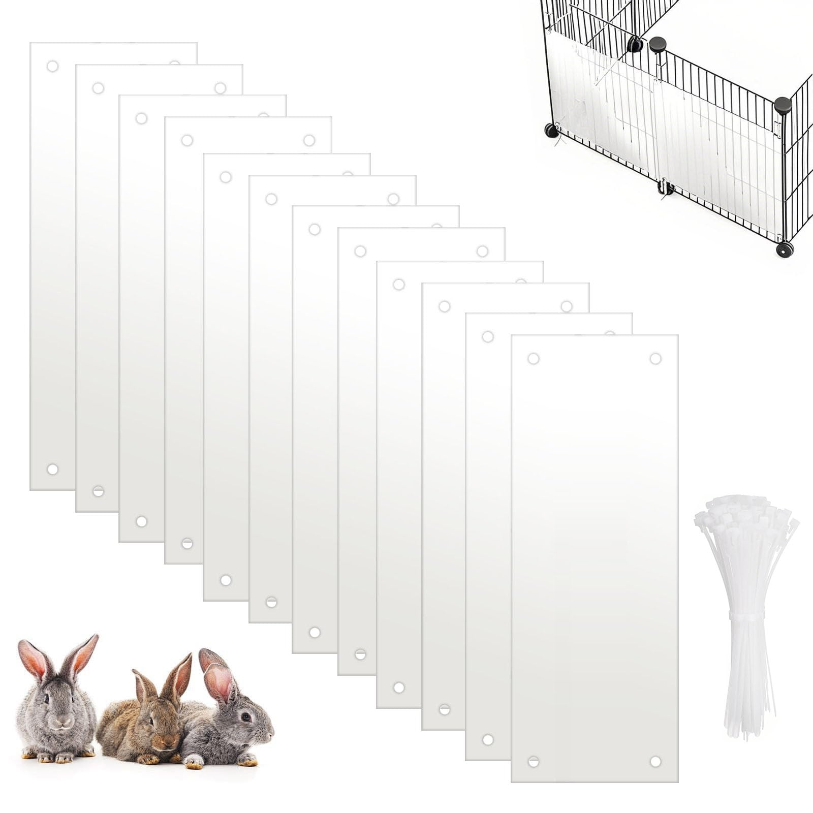 Tryora Pet Cage Liner Panels 12PCS + 100 Cable Ties, PVC Urine Guard 14x4.5 Transparent for Small Animal Cages – Rabbit, Guinea Pig, Hedgehog, Chinchilla, Ferret – Keep Bedding & Waste Contained