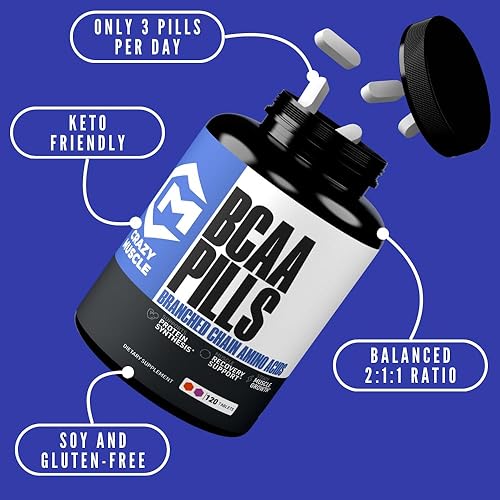 Miniatura 3 de Crazy Muscle BCAA Píldoras con la proporción perfecta 2:1:1 de aminoácidos de cadena ramificada Suplemento - 1000 mg de BCAA por píldora (mejor que