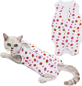 بدلة استرداد للقطط ، 1 PCS Strawberry Cat Recovery Suit Breathable E-Collar Alternative for Cats and Dogs، L