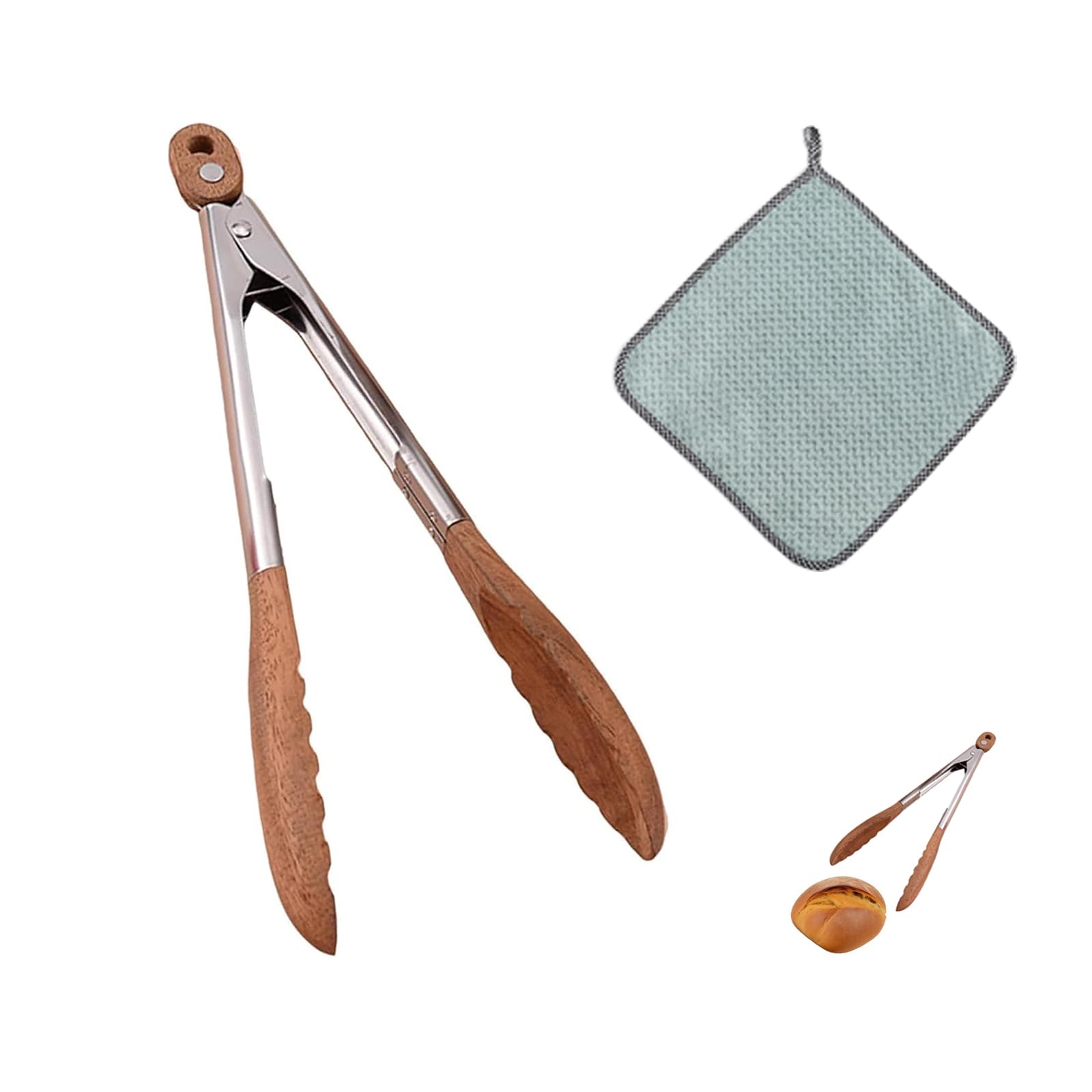 GIONAR 9 in Kitchen Tongs for Cooking, Wooden Tongs for Serving Food, Stainless Steel Clip for BBQ Salad Toaster Bread Pickles, Made of Natural Walnut Wood, with Coral Velvet Wipe Green, 2 pcs Set