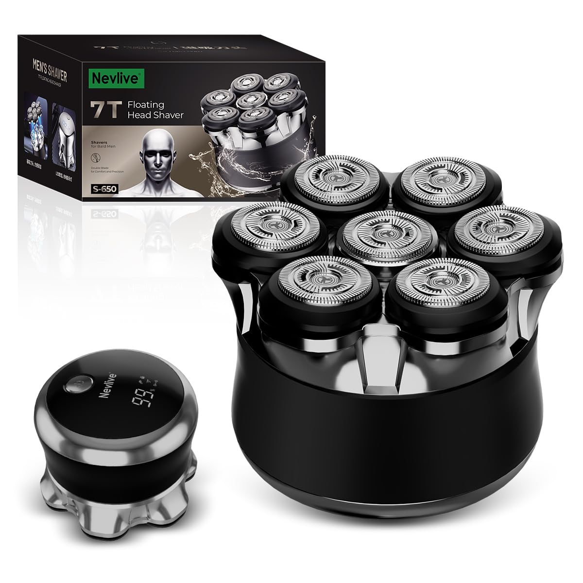 Afeitadora de cabeza calva para hombre, maquinilla de afeitar eléctrica giratoria 7D con cabeza magnética desmontable, afeitado de cierre suave, pantalla LED, IPX7 impermeable, carga rápida USB-C