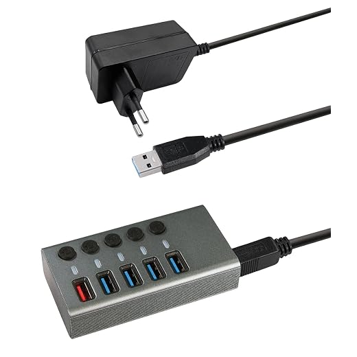 MaxTrack USB 3.0 Hub CH10L - USB 3.0 Hub mit 4 USB Ports, 1 Ladeport für Mobilgeräte, USB Hub mit Netzteil, 5 Gbps, USB Hub Aktiv, 2,4A Ladestation, Einzeln Schaltbar