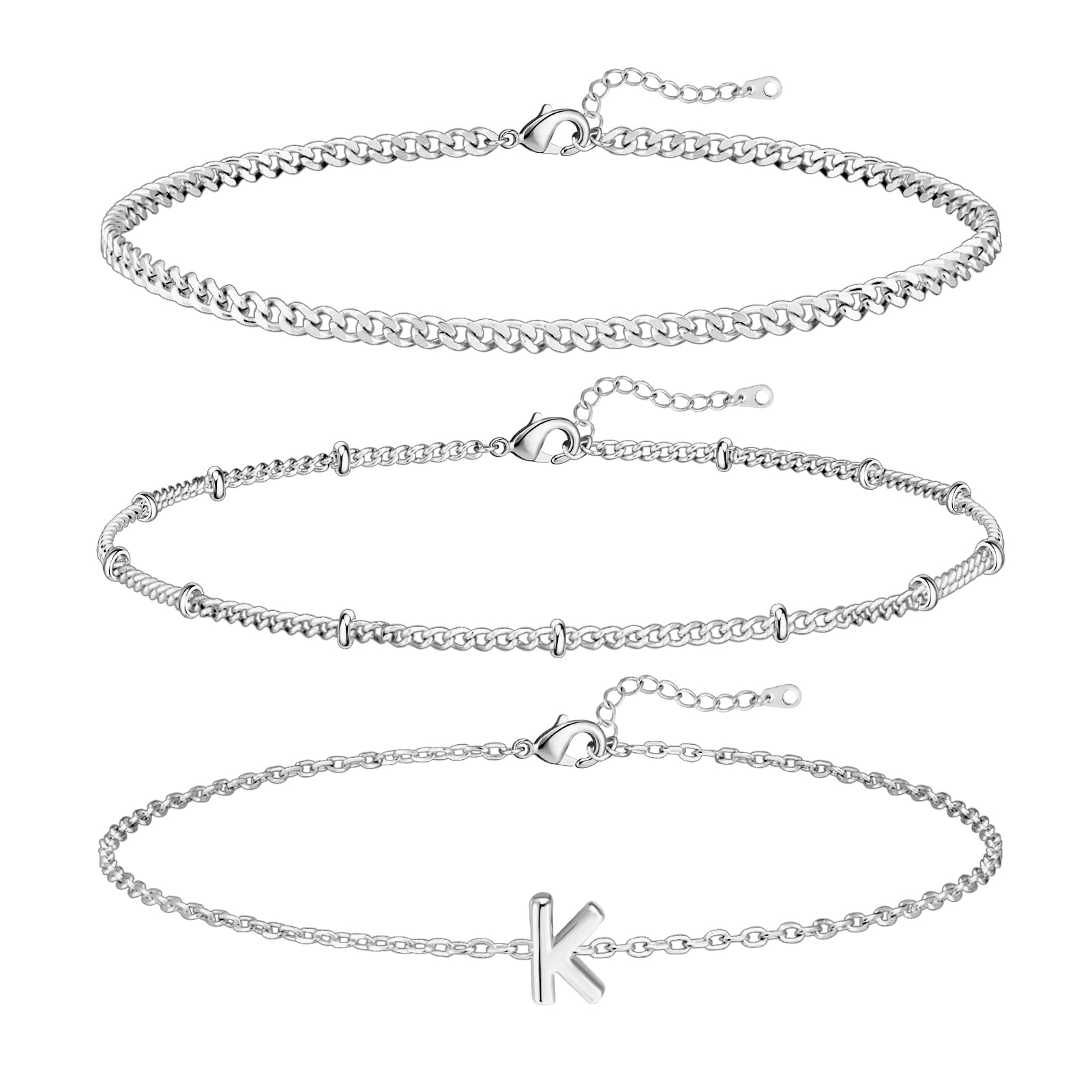 3 Pcs Gold and Silver Bracelets for Women 14K Gold Initaial Bracelet Stackable Letter Charm A-Z Monogram Bracelet Anti Tarnish Jewelry Gifts for Women