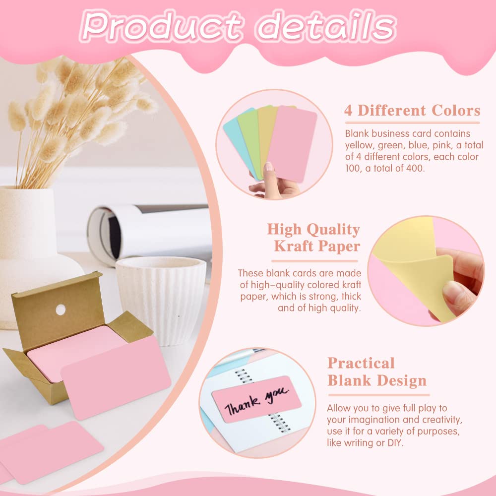 QINERSAW 400 Stück Karten und Kartonpapier, Gelb, Grün, Blau, Rosa, Visitenkarte, leere Karte, Blanko-Karte, Postkarte, für Nachrichten, Lesezeichen