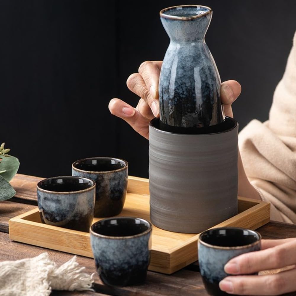 Amazon.co.jp: 6点セット 徳利1個+お猪口4個+トレイ1個 酒器セット