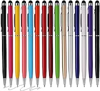 FIRCRE 15-Pack 2-in-1 Stylus Pens for Touch Screens - Capacitive Tip & Black Ink Ballpoint, 14 Colors for iPhone iPad Kindle Tablets