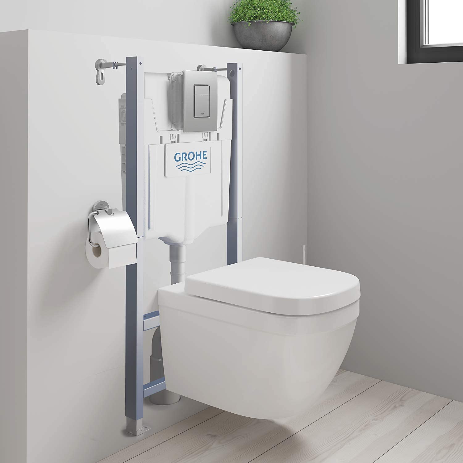 GROHE pack complet WC suspendu Solido Compact, bâti support universel, toilette et fixations invisibles, cuvette Euro Ceramic, plaque de commande, 39891000 (Import Allemagne) Blanc