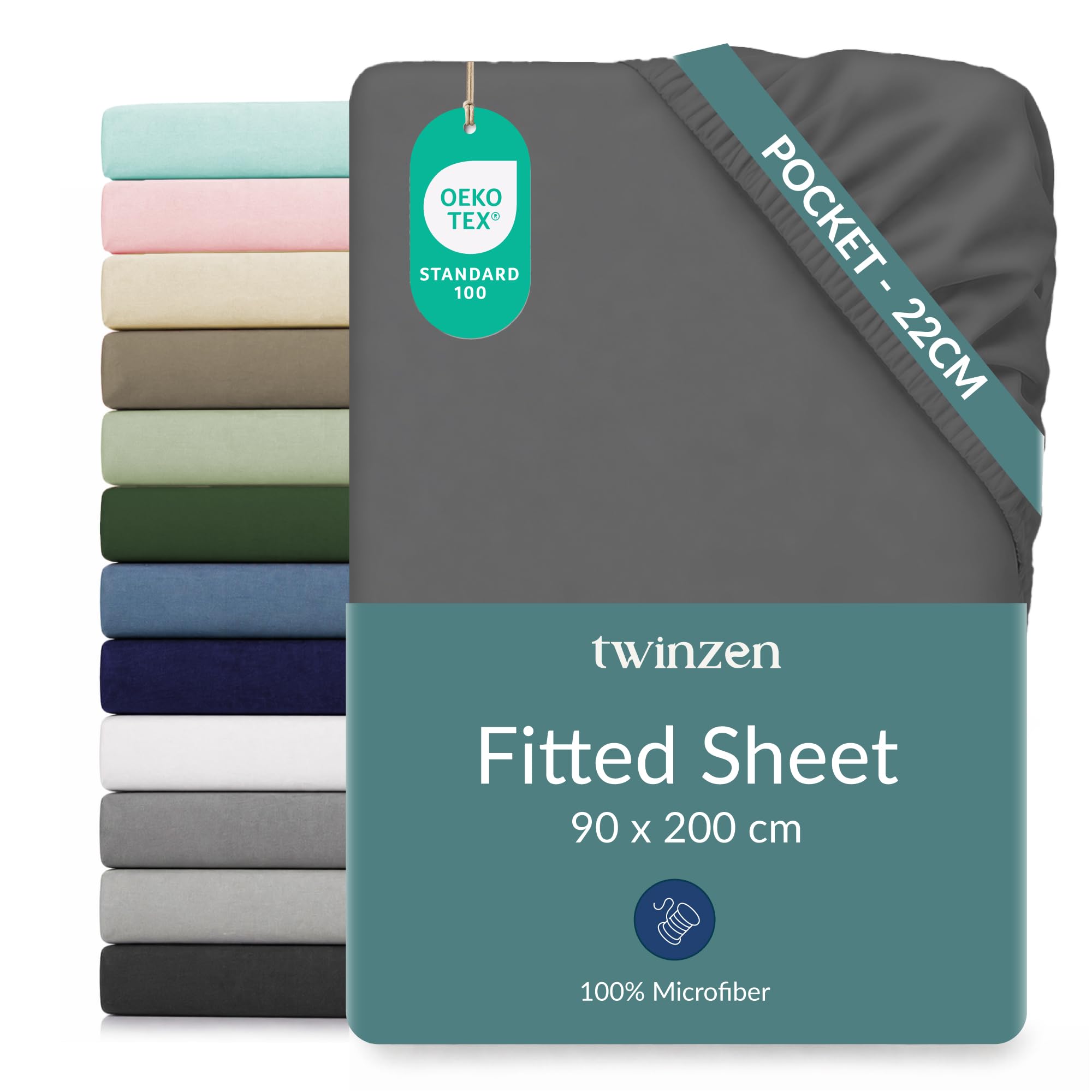 Twinzen Microfibre Fitted Sheet 90 x 200 cm Dark Grey 25 cm