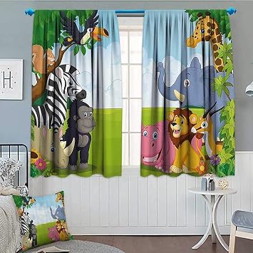 Brccee AC Decor Thermal Insulating Blackout Curtain Decor Children Nursery Room Safari Themed Cartoon Animals Image Art Print Patterned Drape for Glass Door 52"x63" Multicolor