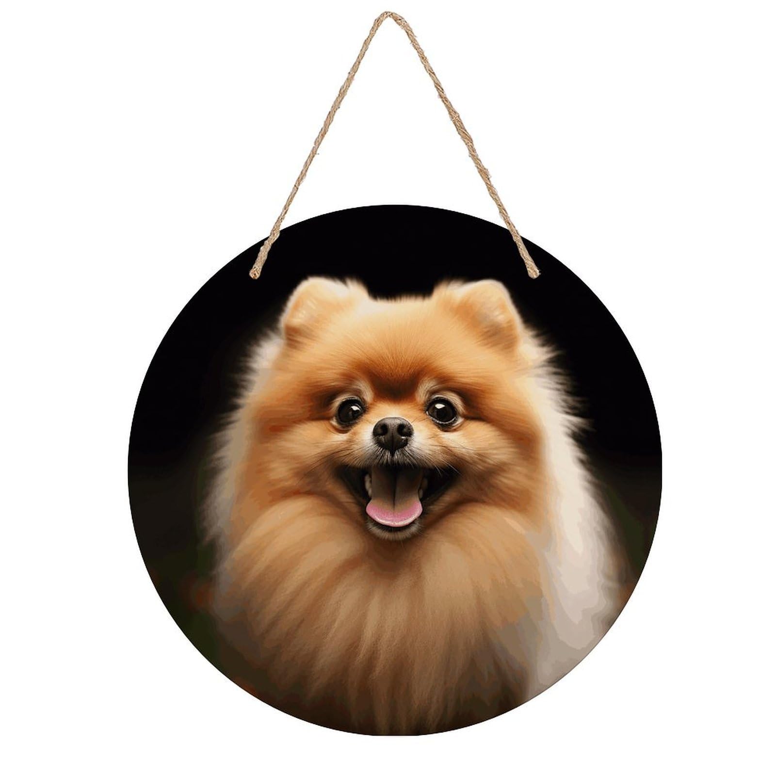 LZQPOEAS Pomeranian Round Wood Wall Art Painting, 7.9 Inch Circular Wooden Door Hanger Decorative Paintings, Rope-Hanging Wooden Wall Plaque for Home Decor And Office Party