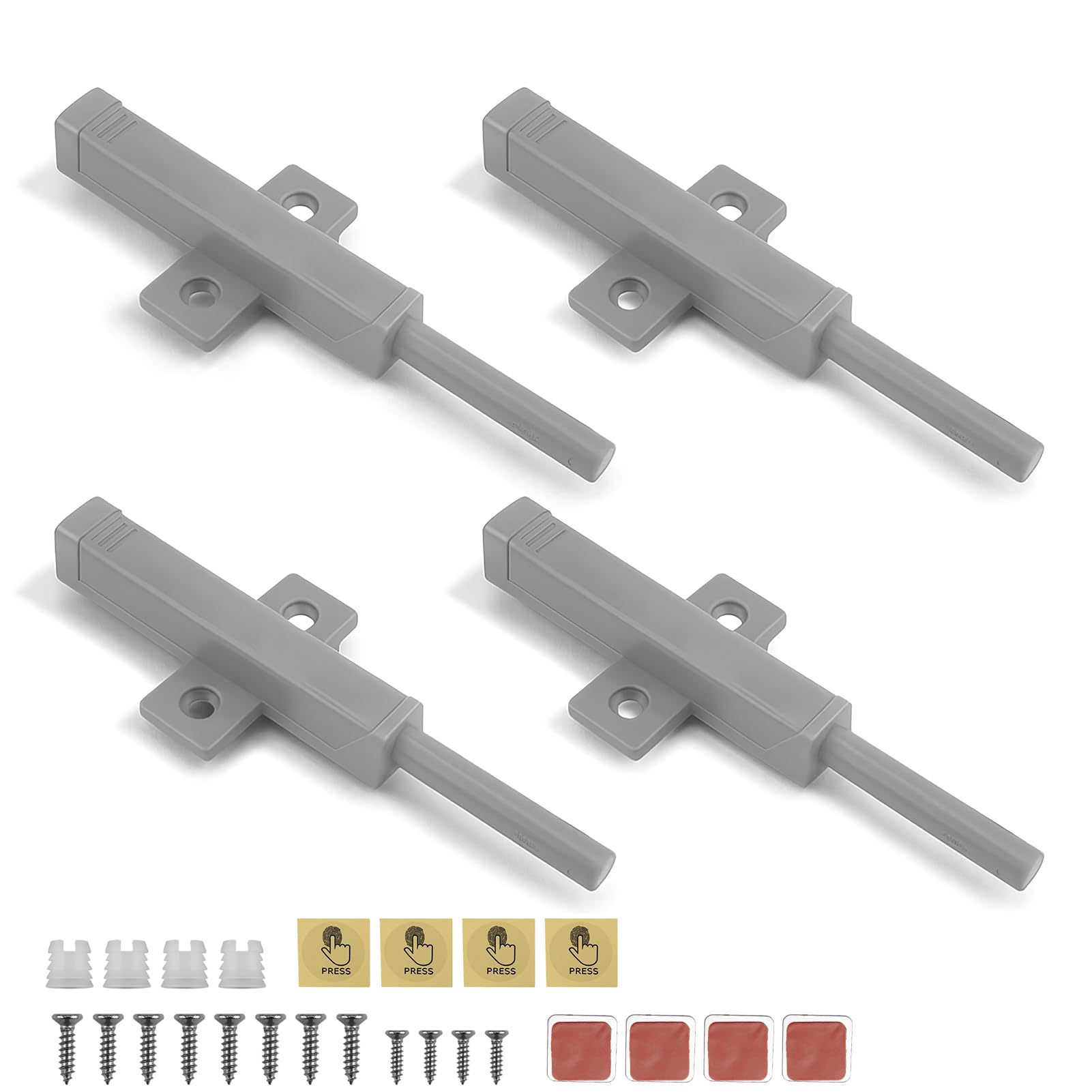 4 PCS Push to Open Door Catch, Heavy Duty Push Open Door Latch Grey Powerful Spring Release and Magnetic Door Catch Door